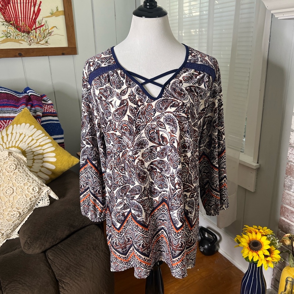 Carol Rose Navy and Orange Paisley Blouse